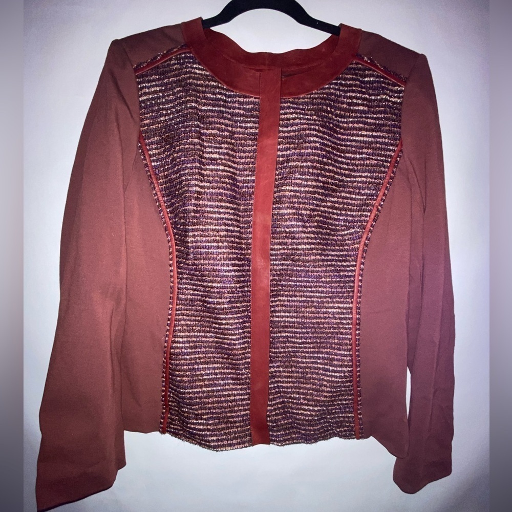 Lafayette 148 New York Stretch Drina Burgundy Tweed Mohair Blazer w Leather Trim